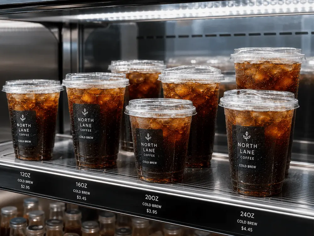 Cold Brew Cups vs Alternative Packaging: How Buyers Should Choose 5 Clear cold brew coffee cups displayed on a refrigerated retail shelf in a supermarket, showcasing optimal product visibility and branding for grab-and-go drinks.