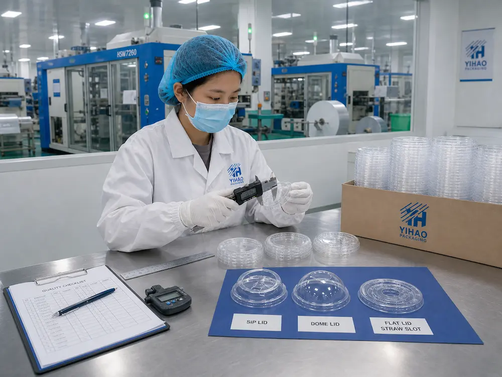 Cold Cup Lids Complete Guide: Flat, Dome, Strawless, and Sip Lids 8 Quality inspection of clear PET cold cup lids with caliper measurement in a packaging factory