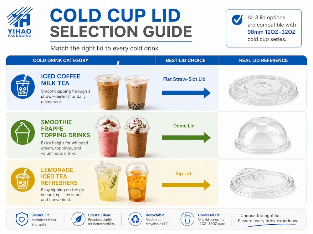 Cold Cup Lids Complete Guide: Flat, Dome, Strawless, and Sip Lids 6 Cold cup lid selection guide for iced coffee, smoothies, fruit tea, lemonade, and refreshers
