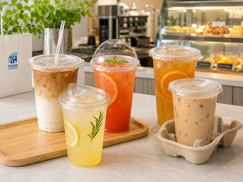 Cold Cup Lids Complete Guide: Flat, Dome, Strawless, and Sip Lids 1 Clear cold cup lids used for iced coffee, fruit tea, lemonade, and takeaway cafe drinks