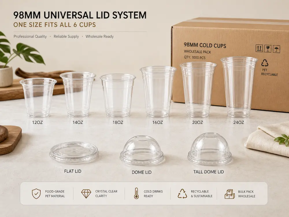 Wholesale Durable Cold Cups: Manufacturer and Supplier Checklist 4 98mm universal lid system showing multiple cold cup sizes with flat, dome, and tall dome lid options.