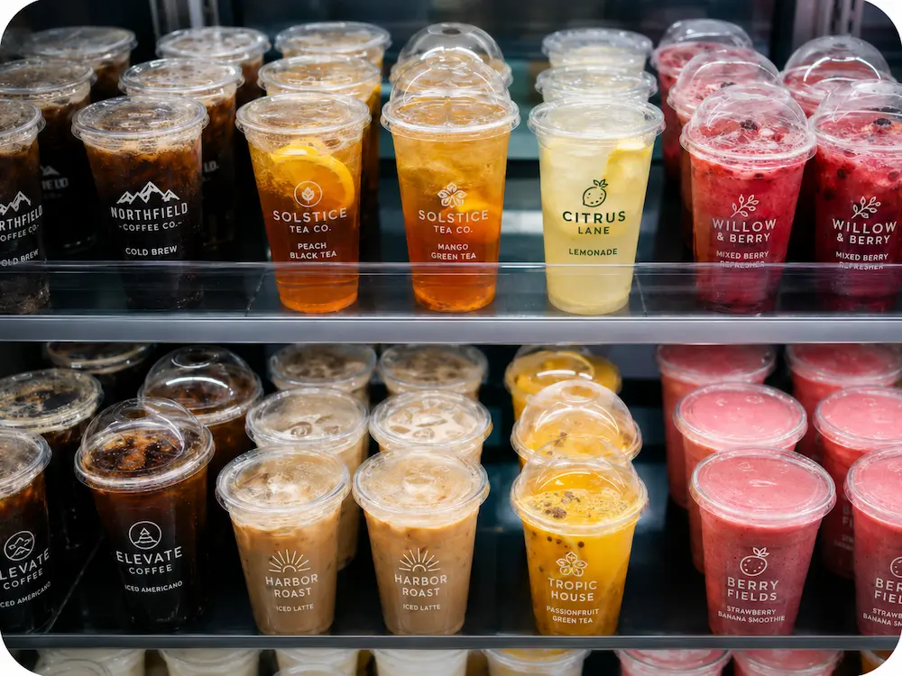 Clear compostable cold cups displayed in a grab-and-go refrigerated beverage shelf