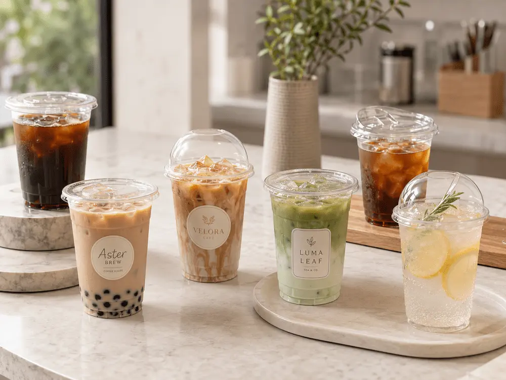 Coffee Cups with Lids FAQ: Materials, Sizes, Uses, and Ordering Questions 4 Clear coffee cups with lids and custom labels for iced coffee, matcha, cold brew, and lemonade.