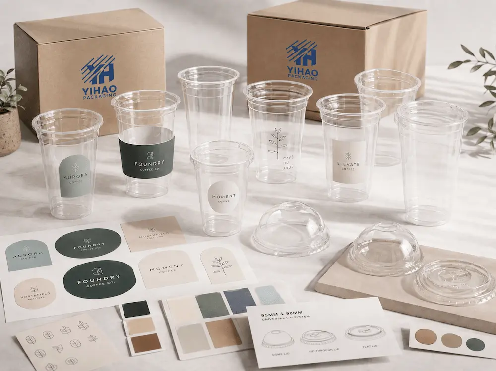 Custom iced coffee cup branding options with logo labels, clear PET cups, color swatches, and YIHAO cartons.