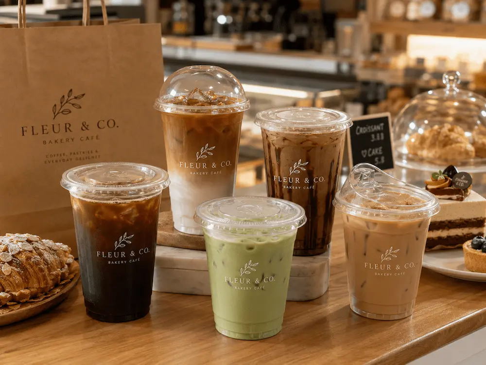 Custom iced coffee cups for bakeries with pastries, cold brew, iced latte, matcha, and dessert drinks.