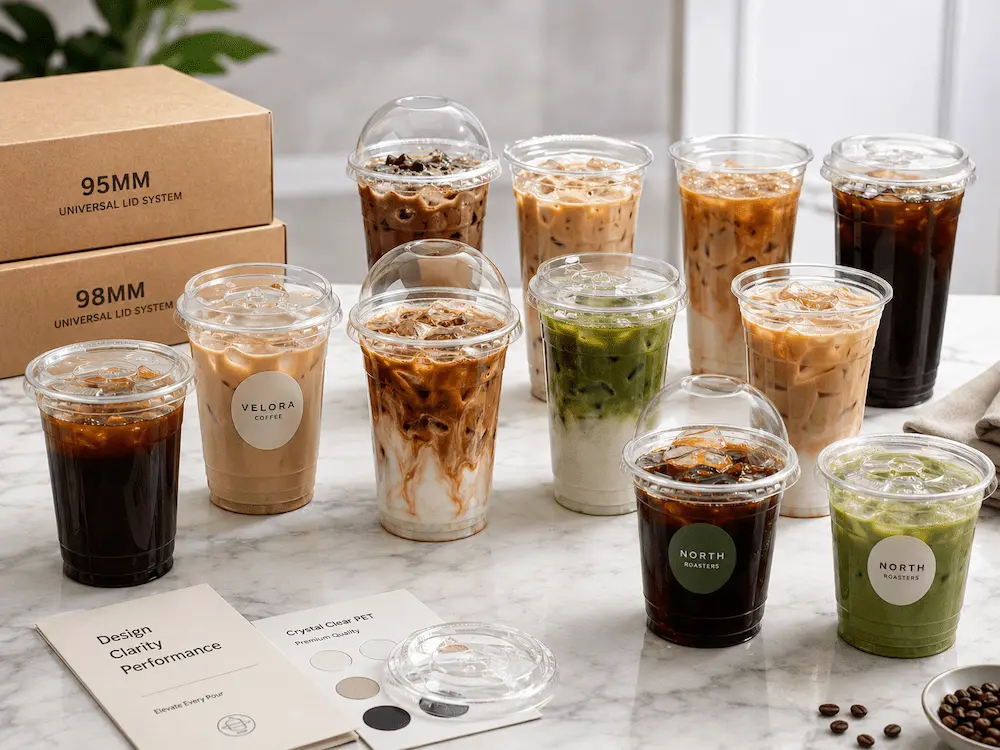 Custom Iced Coffee Cups for Supermarkets, Cafes, Bakeries, and Foodservice Brands 3 Custom iced coffee cups with clear PET design, logo labels, and 95mm and 98mm lid system packaging.