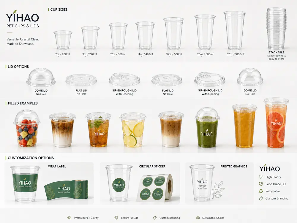 YIHAO PET cup sizes, lid options, and custom branding methods infographic
