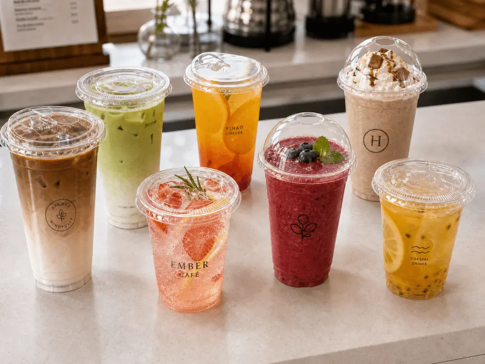 Custom PET cups for café iced coffee, matcha, fruit tea, smoothies, and cold drink branding