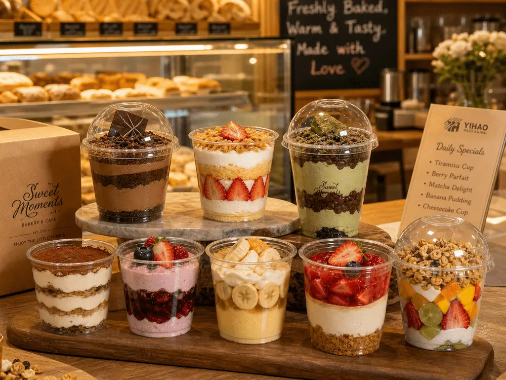 Custom PET cups for foodservice dessert menus, bakery specials, cheesecake cups, banana pudding, and fruit yogurt cups