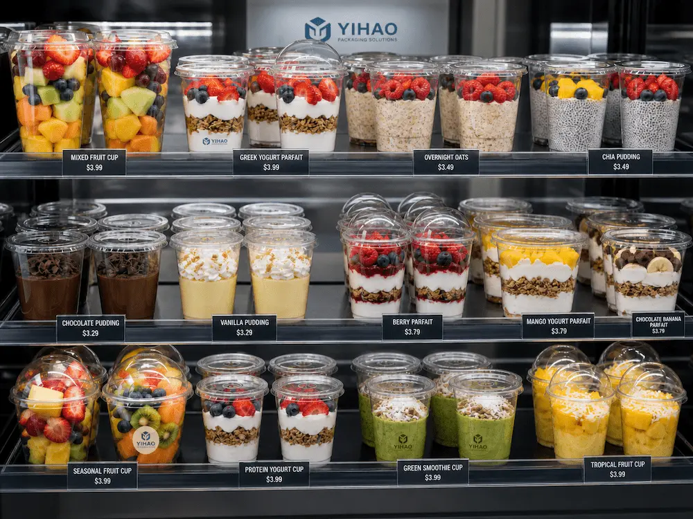 Custom PET cups for supermarket retail display of fruit cups, yogurt cups, overnight oats, pudding cups, and desserts