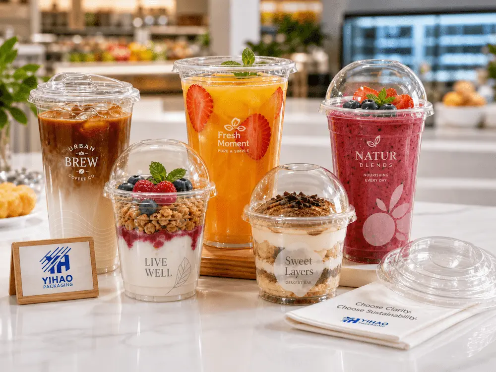 Custom clear PET cups for coffee, juice, smoothies, yogurt cups, and dessert cup brand packaging display