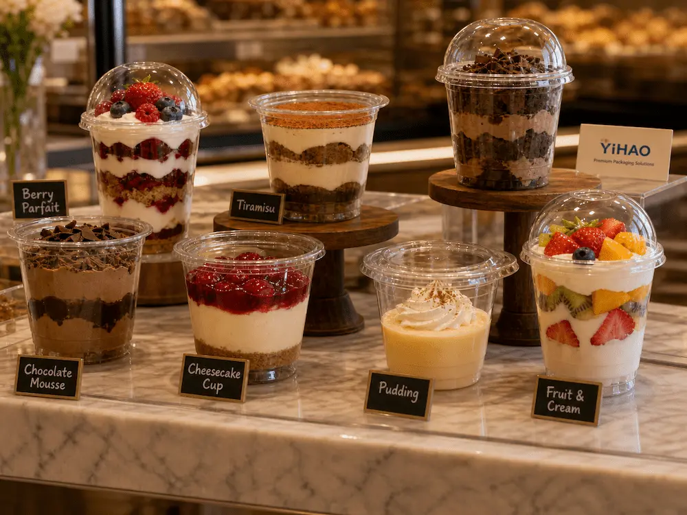 Custom PET dessert cups for bakery parfaits, mousse, tiramisu, pudding, and fruit cream cups