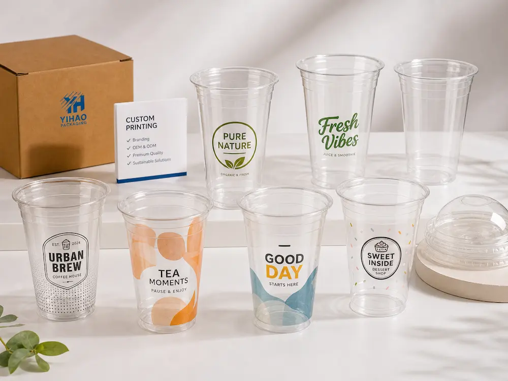 Custom printed clear PET cold cup samples for coffee shops, milk tea stores, dessert shops, and beverage brands.