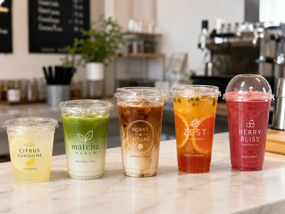 Custom printed compostable cold cups for cafes, juice bars, and smoothie brands