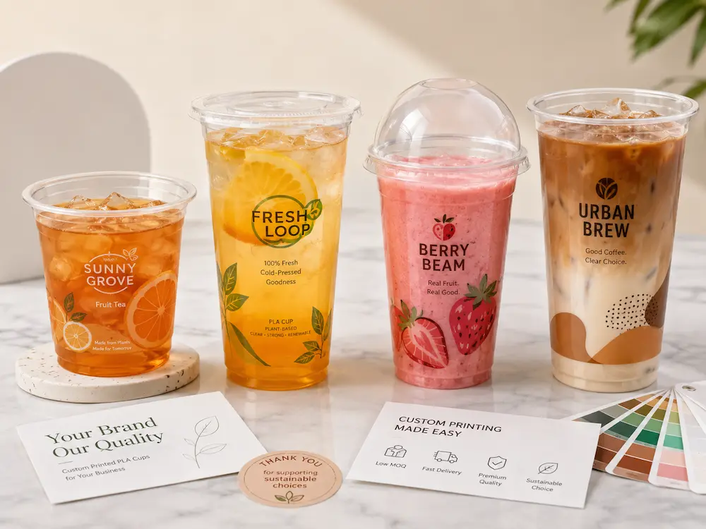 Custom printed PLA cups for cold drinks, smoothies, fruit tea, and iced coffee