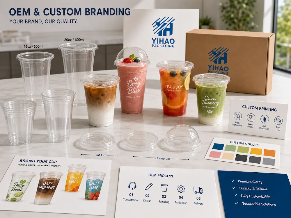 PP Cups with Lids FAQ: Materials, Sizes, Uses, and Ordering Questions 6 Custom printed PP cups with lids showing logo printing, lid options, colors, and OEM packaging service