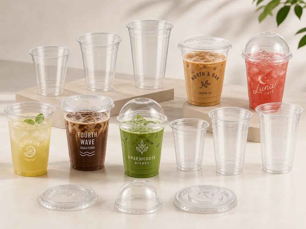 Durable clear cold cup range showing multiple sizes, lids, plain cups, and custom printed beverage cups.