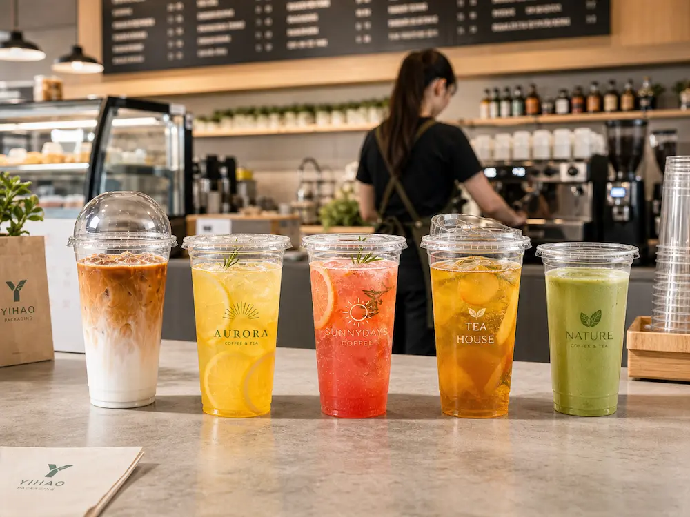 Wholesale Durable Cold Cups: Manufacturer and Supplier Checklist 2 Durable clear cold cups in a coffee shop setting for iced coffee, lemonade, fruit tea, and matcha drinks.