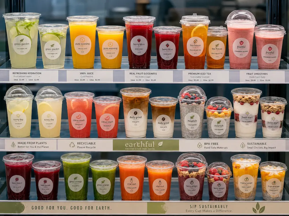 Wholesale Eco Friendly Cold Cups: Manufacturer and Supplier Checklist 4 Eco friendly cold cups in refrigerated retail display for juices, iced tea, smoothies, and grab-and-go drinks