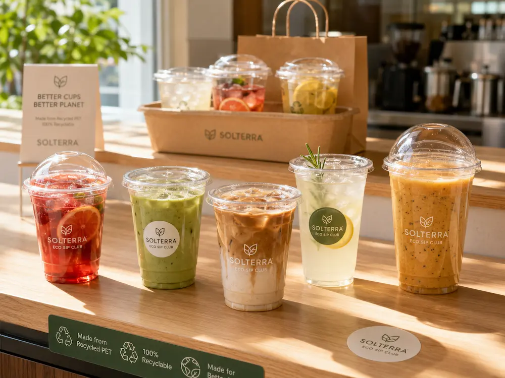 Wholesale Eco Friendly Cold Cups: Manufacturer and Supplier Checklist 2 Eco friendly cold cups made from recycled PET with branded drinks and takeaway packaging display