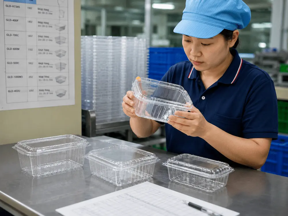 Factory worker inspecting the quality of transparent PET plastic containers during production.