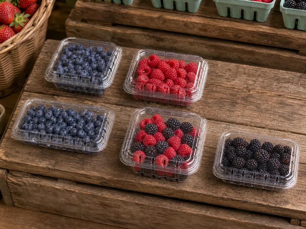 Fresh berries packed in clear clamshell containers on a wooden farm market display.