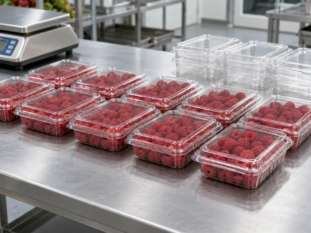 Raspberry Packaging Containers vs Alternative Packaging: How Buyers Should Choose 2 Filled raspberry packaging samples on a stainless packing table for wholesale performance testing