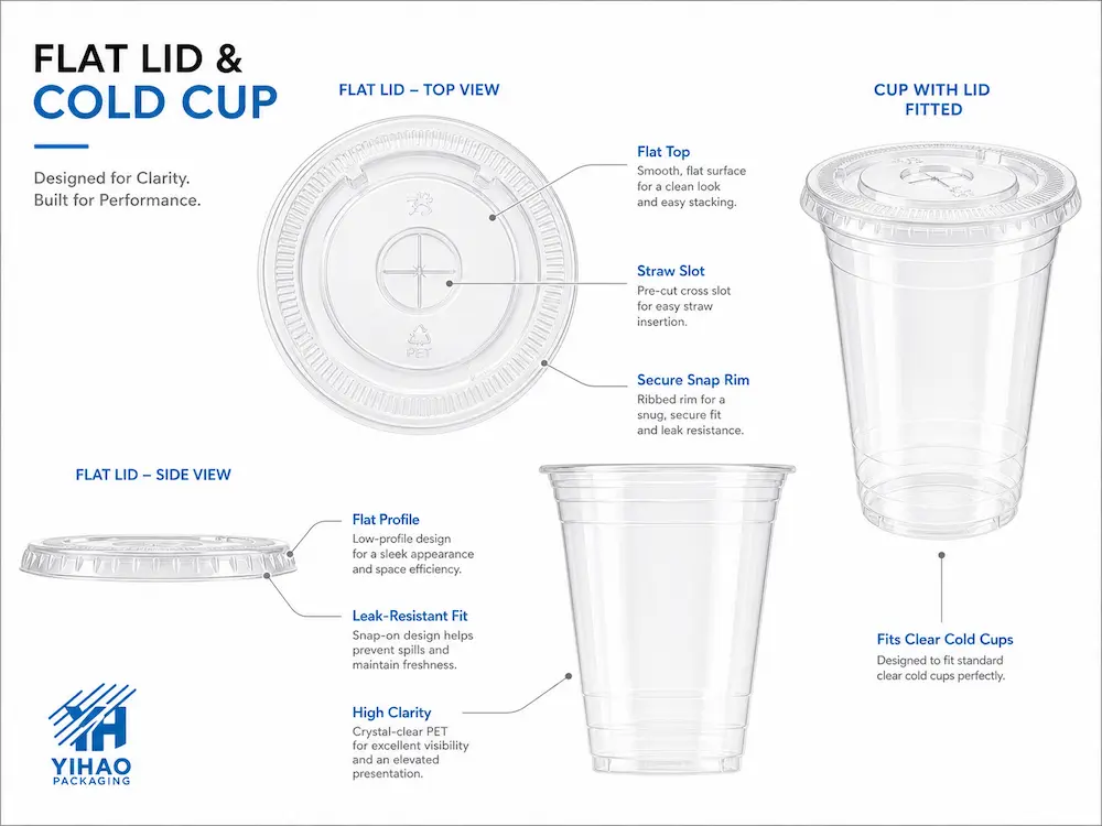 Flat Cold Cup Lids: Buyer Guide for Food Packaging Teams 4 Clear PET flat cold cup lid structure showing straw slot, snap rim, and leak-resistant fit