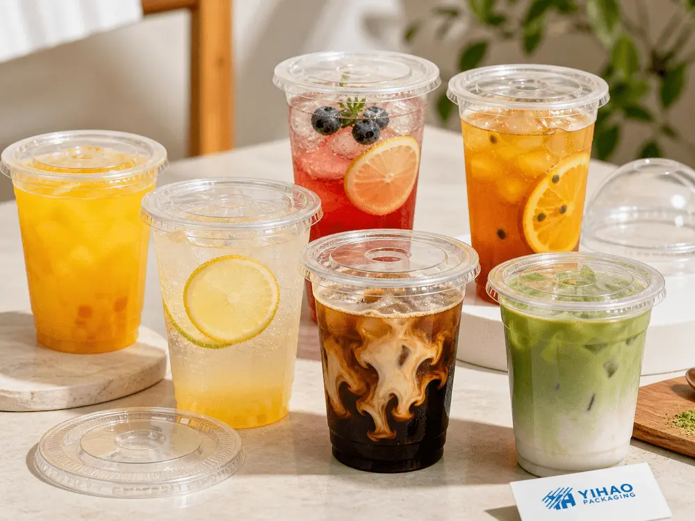 Flat Cold Cup Lids: Buyer Guide for Food Packaging Teams 1 Flat cold cup lids on clear cups for iced coffee, fruit tea, lemonade, and matcha drinks