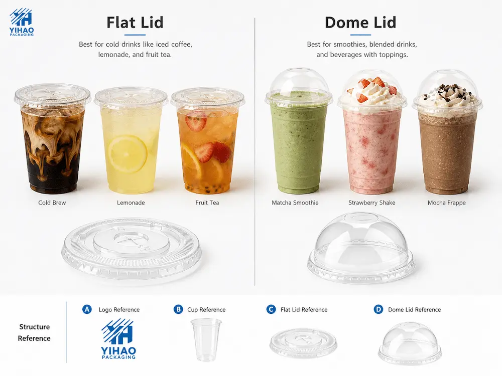 Flat Cold Cup Lids: Buyer Guide for Food Packaging Teams 3 Flat lid and dome lid cold cup comparison for iced coffee, lemonade, fruit tea, shakes, and smoothies