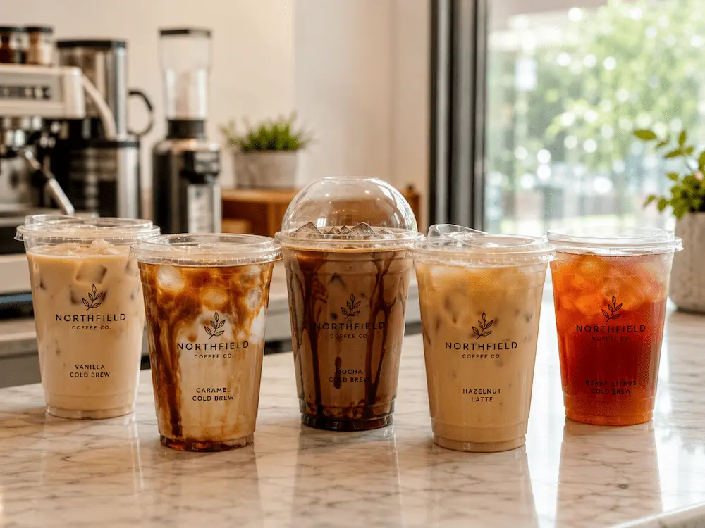 Wholesale Flavored Cold Brew Cups: Manufacturer and Supplier Checklist 1 Five flavored cold brew coffee drinks in clear PET cups with lids on a marble counter.