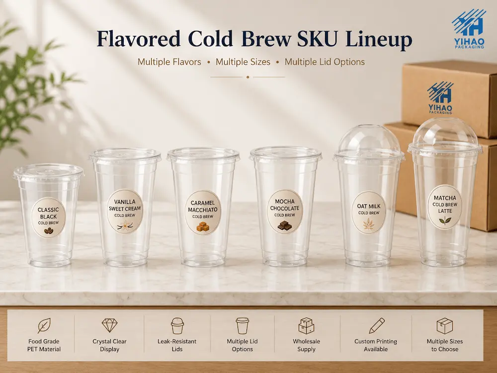 Wholesale Flavored Cold Brew Cups: Manufacturer and Supplier Checklist 7 Flavored cold brew SKU lineup with multiple size and lid options for wholesale buyers.