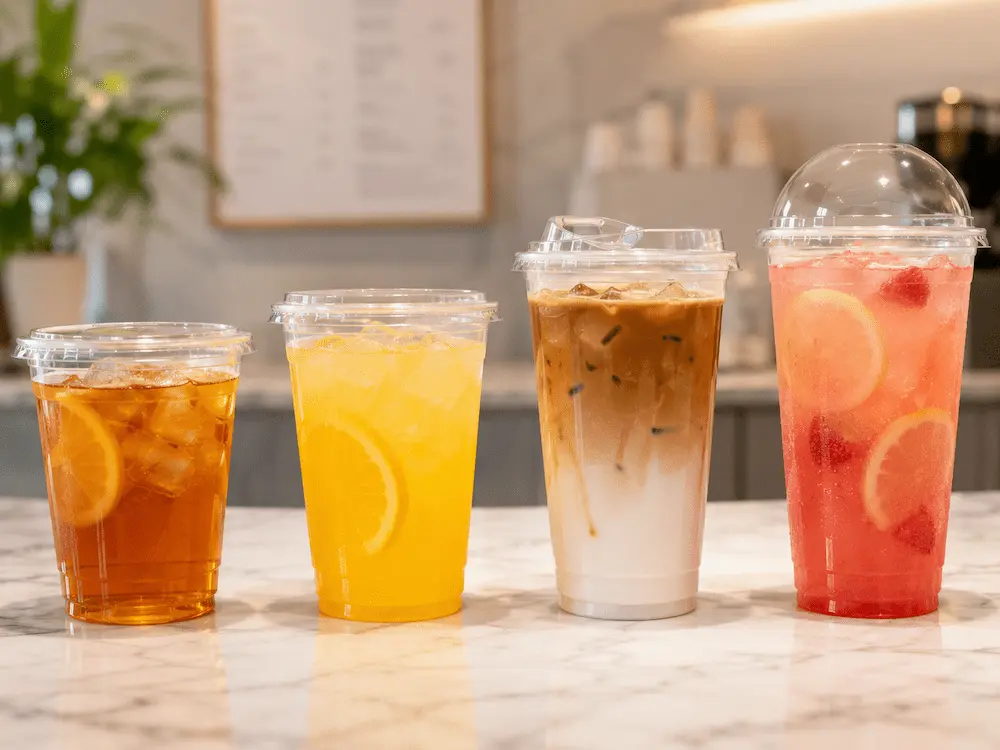 Four cold drinks in clear cups with various lid types including flat, sip, and dome lids.