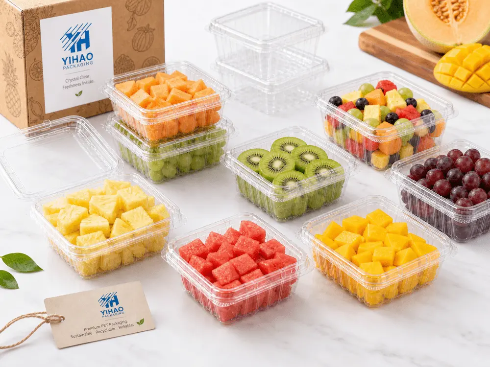 Clear PET fresh-cut fruit containers for melon, pineapple, watermelon, kiwi, and mixed fruit display
