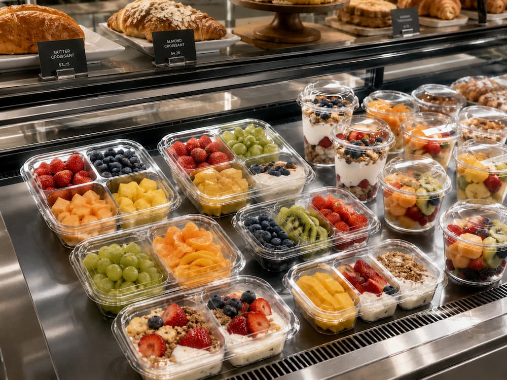 Fresh-cut fruit containers and fruit cups displayed in a bakery and foodservice refrigerated case.