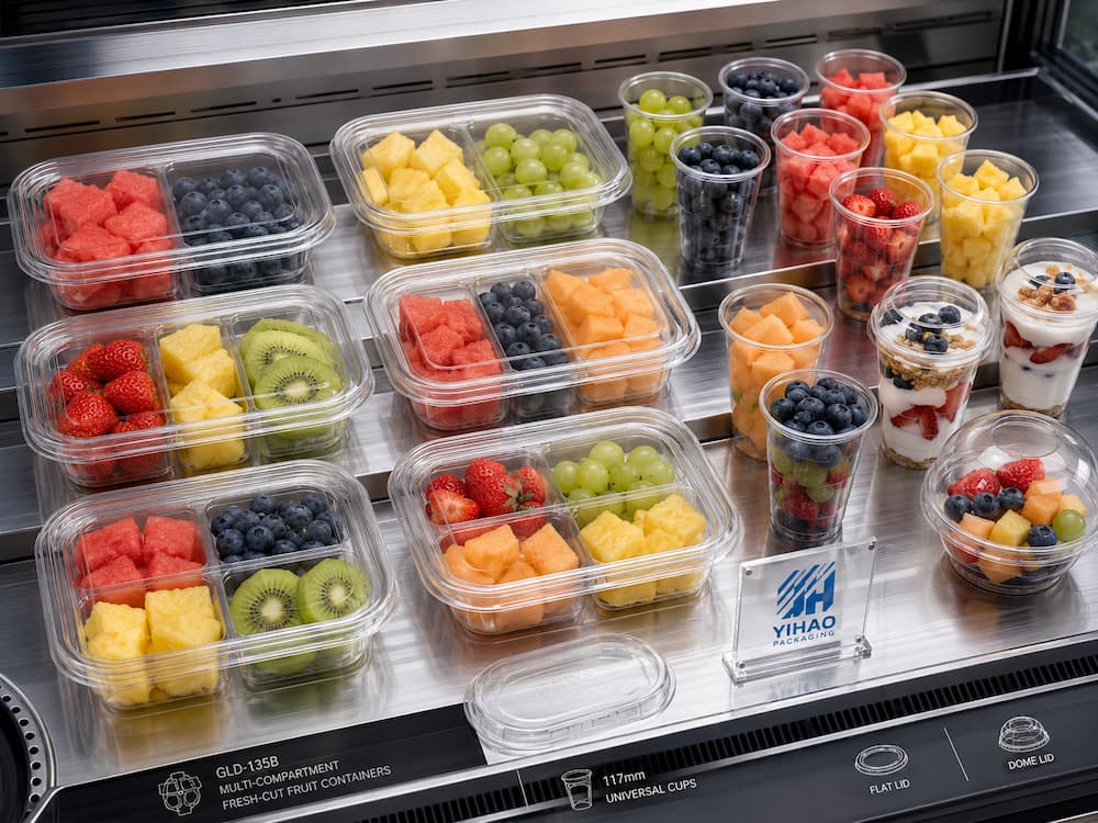 Fresh-cut fruit containers, clear PET fruit cups, and compartment containers displayed in a refrigerated retail case.