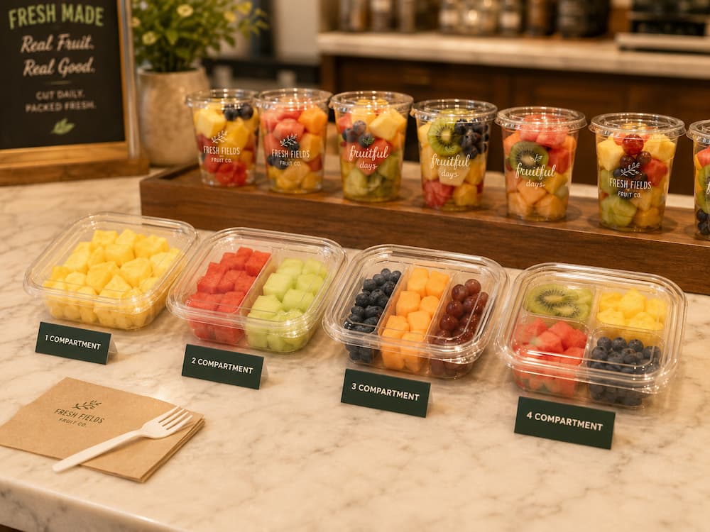 Fresh-cut fruit cups and compartment containers displayed on a cafe counter for grab-and-go sales.