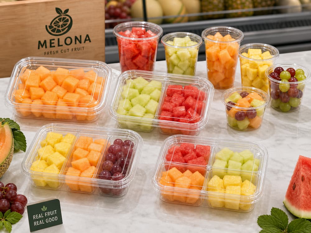 Fresh-cut fruit in clear PET cups and compartment containers for supermarket retail display.