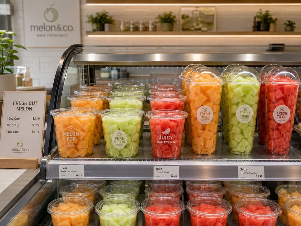 Fresh-Cut Melon Containers FAQ: Materials, Sizes, Uses, and Ordering Questions 1 Clear PET fresh-cut melon cups displayed in a cafe chilled counter for grab-and-go service.