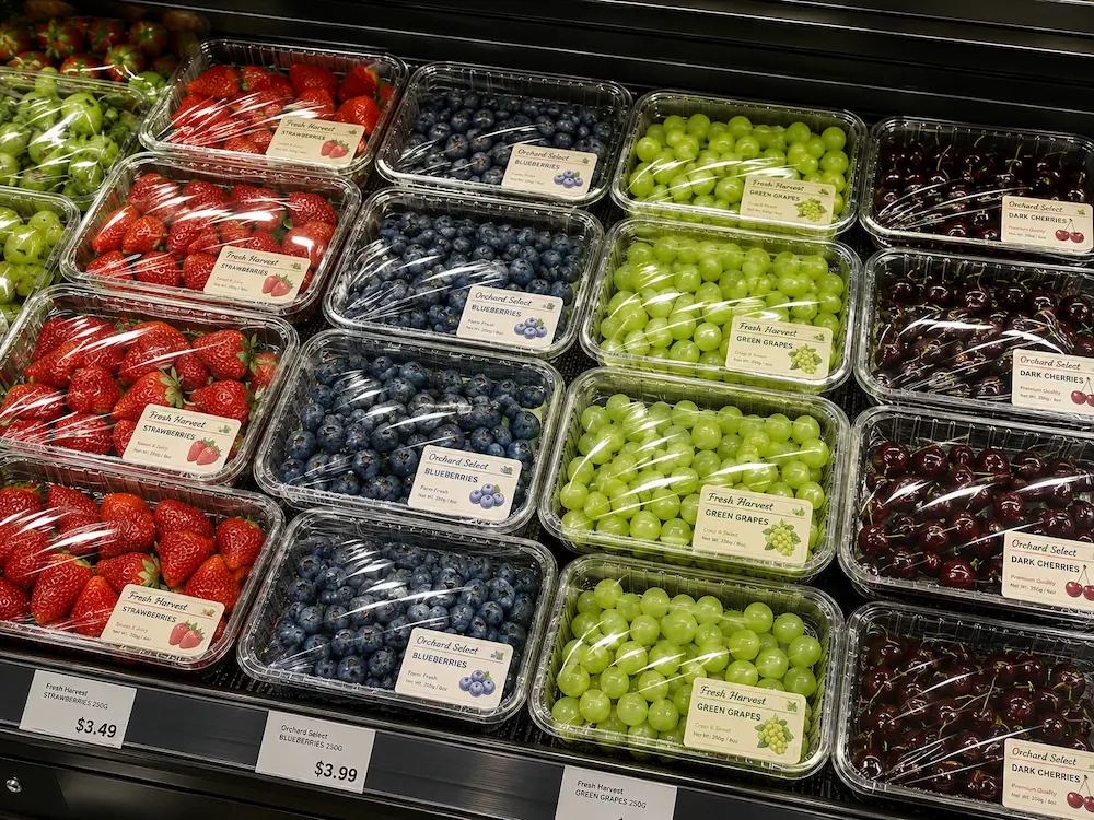 Wholesale Fruit Display Trays: Manufacturer and Supplier Checklist 4 Workers packing grapes, berries, tomatoes, and fresh produce into clear PET display trays.