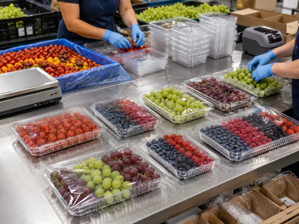 Best PET Produce Trays for Retail Display, Takeaway, and Chilled Food 5 Workers packing grapes, berries, tomatoes, and mixed produce into clear PET produce trays.