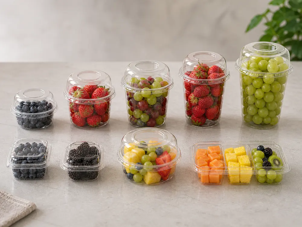 Dome fruit cups, square fruit containers, berry clamshells, and compartment fresh-cut fruit trays