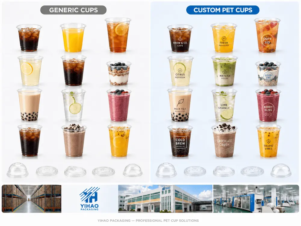 Generic cups versus custom PET cups comparison showing printed branding, cup selection, and factory supply capability