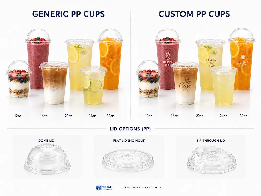 Generic PP cups compared with custom PP cups showing dome lid, flat lid, and sip-through lid options