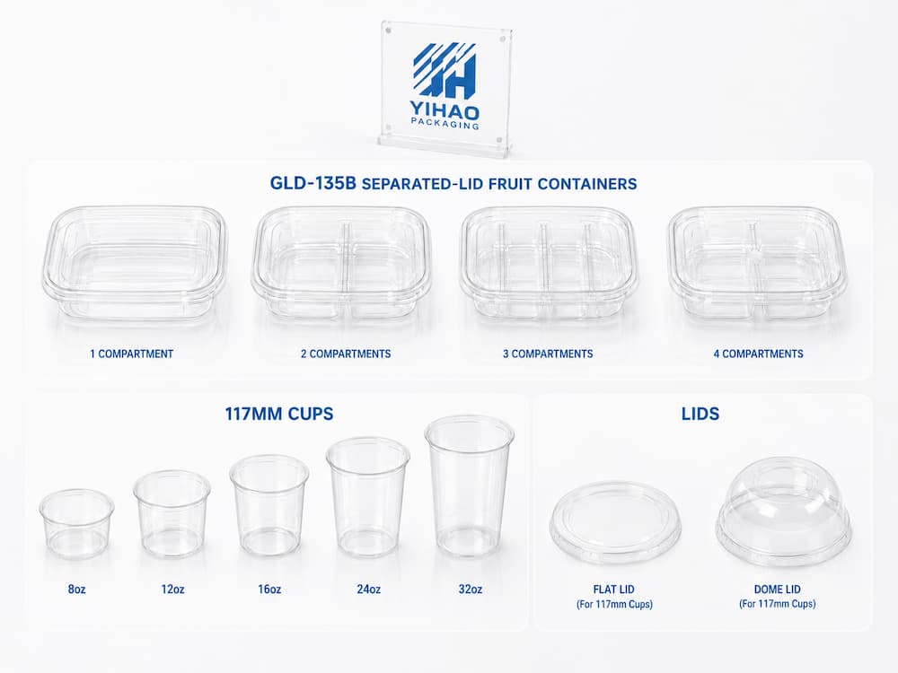 GLD-135B separated-lid fruit containers and 117mm universal cup series with flat and dome lids.