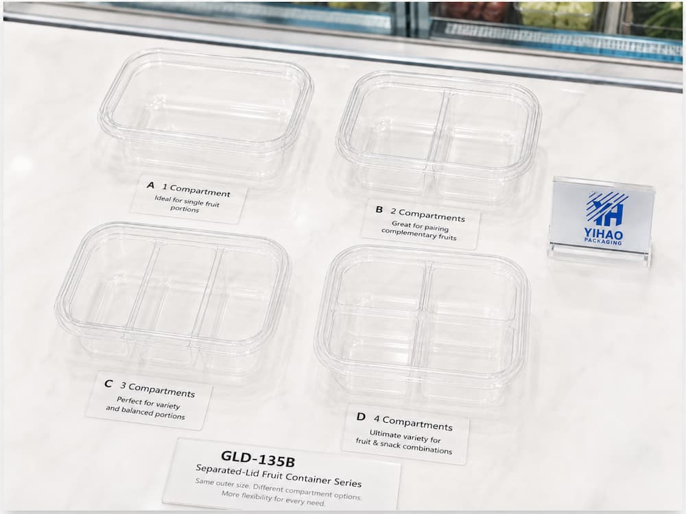 Clear PET separated-lid fruit containers with one, two, three, and four compartment options.