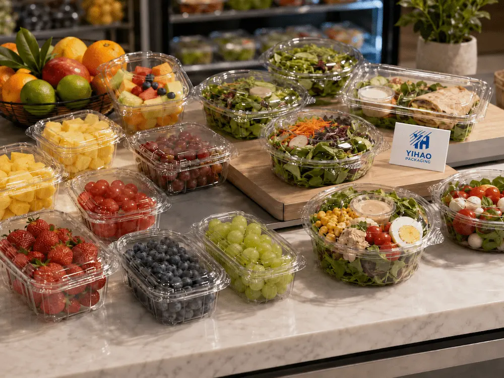 Best Sustainable Produce Packaging for Retail Display, Takeaway, and Chilled Food 8 Various fresh salads and cut fruits displayed in clear plastic containers on a marble countertop.