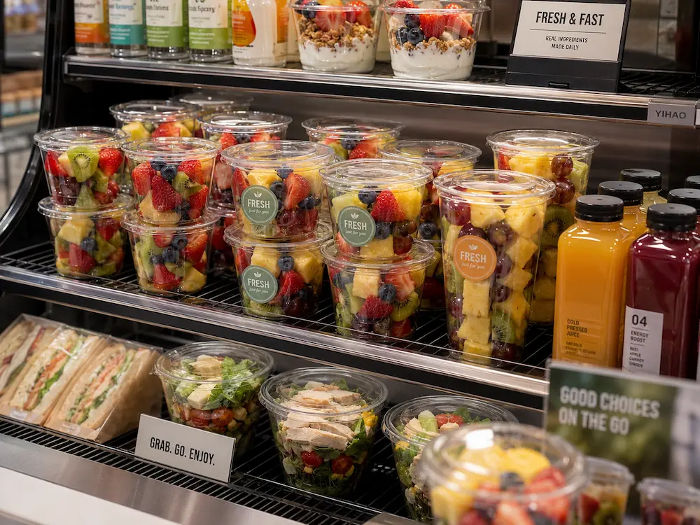Wholesale Grab-and-Go Fruit Packaging: Manufacturer and Supplier Checklist 3 Grab-and-go fruit packaging display with clear PET fruit cups, salads, parfaits, sandwiches, and ready-to-eat food