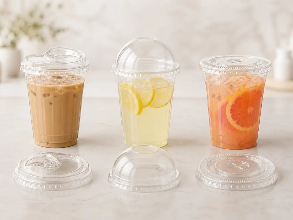 Clear PET cold cups with flat, dome, and sip lids for iced coffee, lemon drinks, and fruit tea.