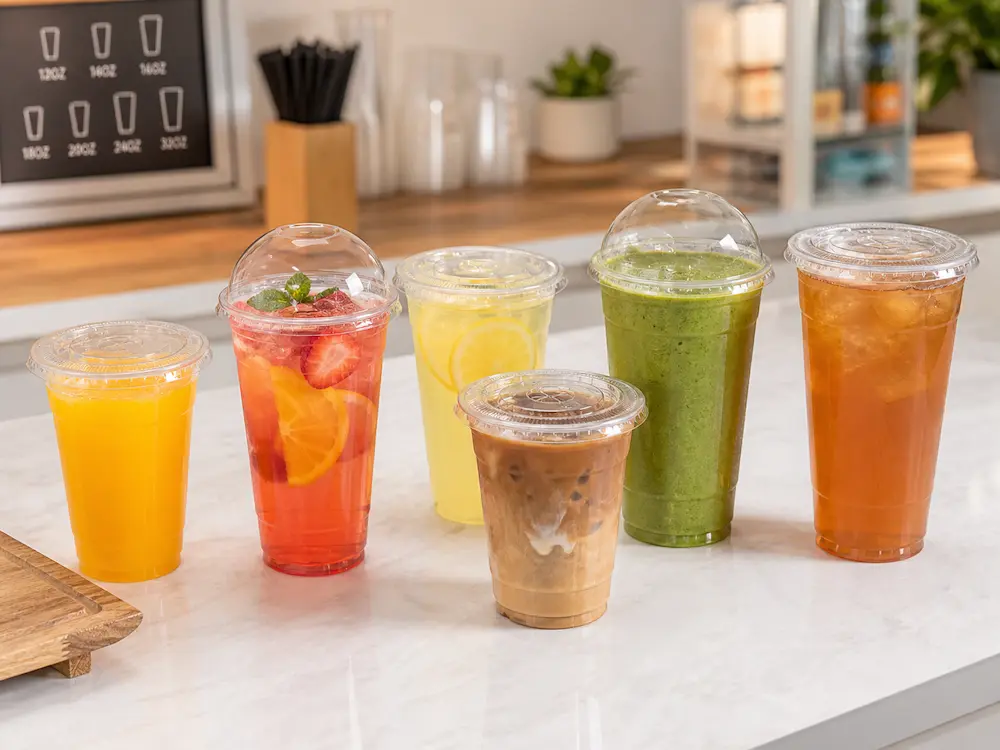 Juice cups for orange juice, lemonade, fruit tea, iced coffee, smoothies, and cold drink packaging